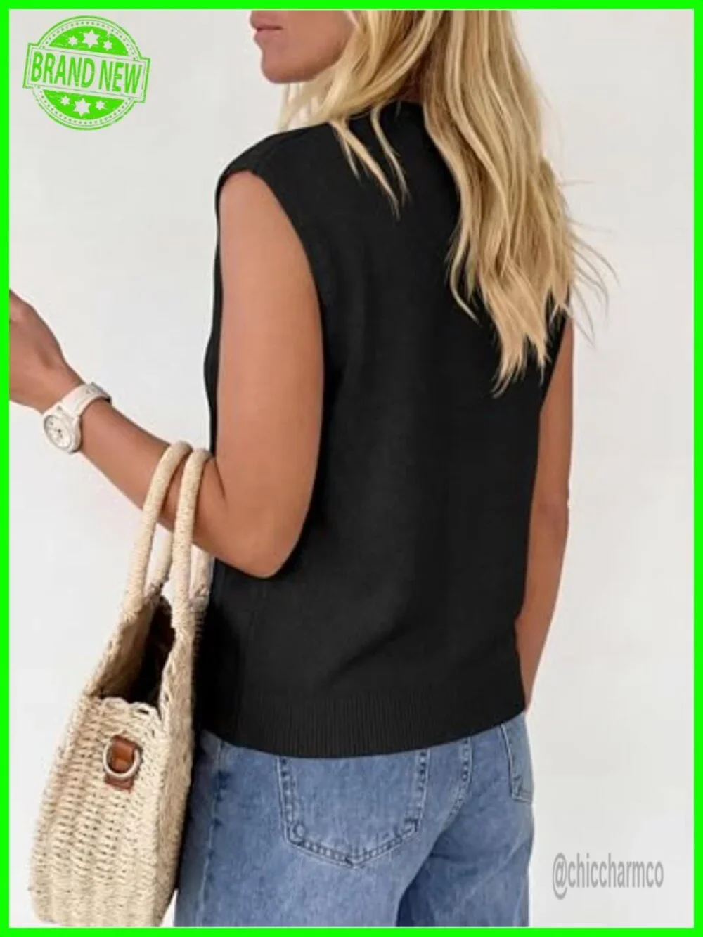 V-Neck Cap Sleeve Cable Knit Button Vest Sweater - Lightweight Loose Fit